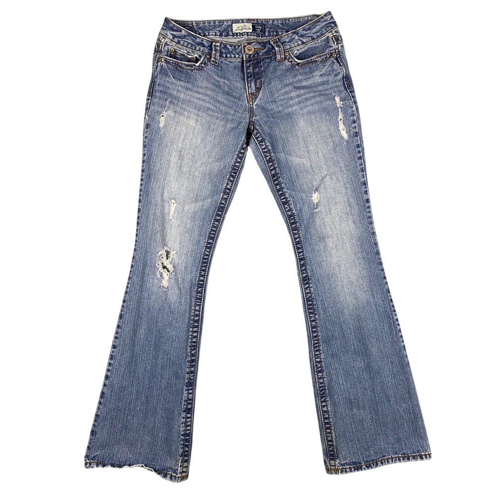 Aeropostale Hailey Skinny Flare Jeans‎ Womens 9/10 Long Distressed Blue Denim